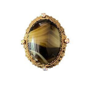 VTG West Germany Porphyry Glass and Rhinestone Filigree Brooch Pin